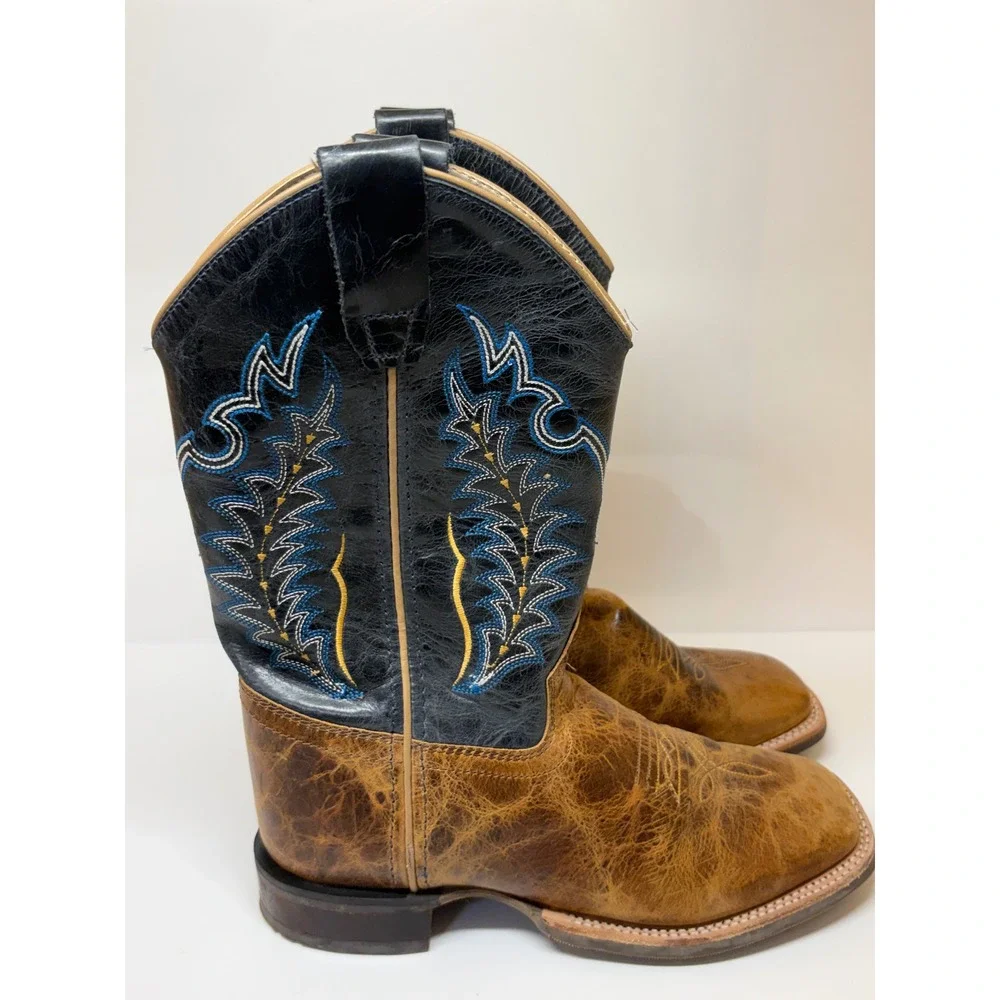 Old West Youth Cowboy Boots Burnt Tan Navy Blue Square Toe BSY1960 Mens 5D
